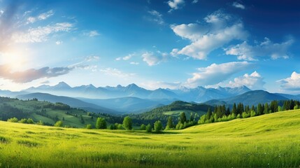 Fototapeta na wymiar background of a vibrant summer landscape, the majestic mountains loom tall against the clear blue sky, while the sun sets, casting a golden glow over the lush green trees and grass, creating a