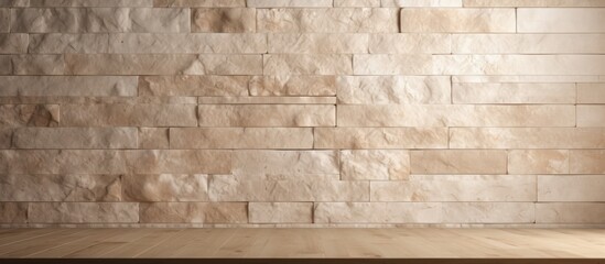 The natural beige stone wall showcased a detailed rectangle texture with a smooth marble surface that added an elegant touch to the material. - obrazy, fototapety, plakaty