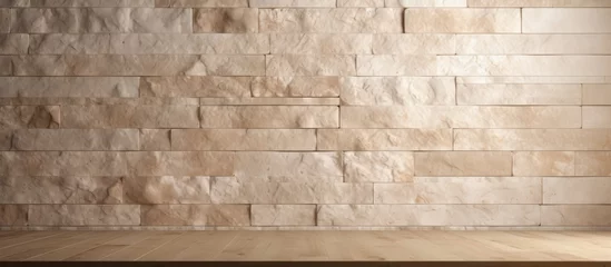Foto op Aluminium The natural beige stone wall showcased a detailed rectangle texture with a smooth marble surface that added an elegant touch to the material. © 2rogan