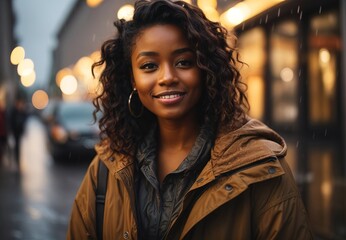 Obraz premium Beautiful young black women wearing coat in raining street, street view on the background