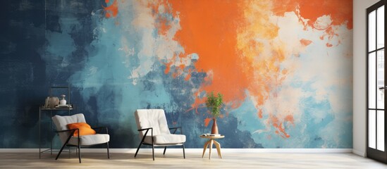 The vintage illustration on the abstract blue and orange grunge wall is a masterpiece, showcasing a unique texture and a mesmerizing design created with a brush and vibrant colors, making it a