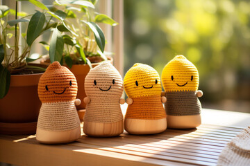 Four fun crocheted little colorful dolls on a sunny windowsill with a garden in the background. Colorful handmade toys for children. Sustainable and eco-friendly toys for children. Copy space