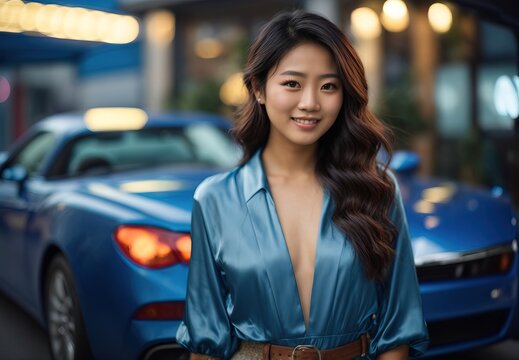 Beautiful rich young asian women in blue dress, luxury car and house on the background