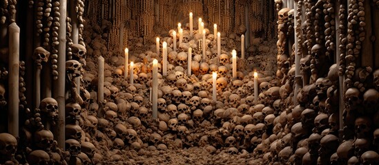 In the ancient Bohemian cave, a breathtaking sight awaited those who dared enter: a wall covered in white human bones, forming a chilling mosaic of death. This macabre display reminded people of the - obrazy, fototapety, plakaty