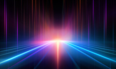 Colorful prisms emitting neon lights amidst darkness. Abstract symmetry futuristic background