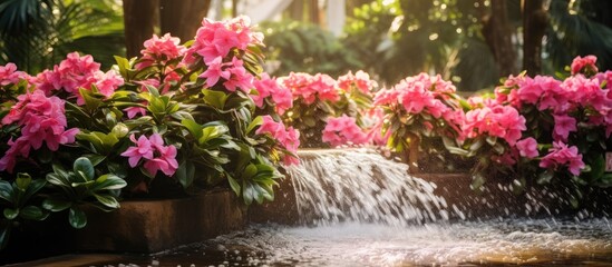 In the lush garden of City, a tropical paradise, a beautiful pink floral display emerges, with white flowers glistening from the fresh morning dew, radiating natural beauty and capturing the essence