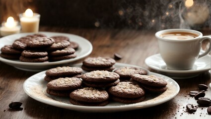 round chocolate cookies, sprinkled with sugar, lies on a beautiful round plate,