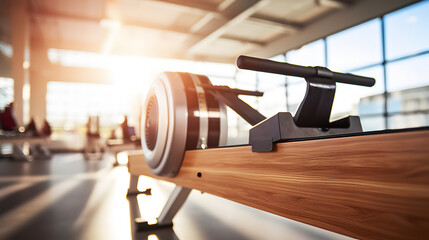 Rowing machine close-up in fitness center - obrazy, fototapety, plakaty