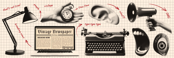 Vintage halftone collage. Breaking news concept. Laptop, lamp, typewriter, ear, and other trending elements in retro pop style.  - obrazy, fototapety, plakaty