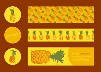 Vector template design for postcards, banner design, fruity labels, poster, branding or cosmetic badges with pineapple drawings in naive hand drawn style. Pineapple pattern. Natural crayon textures.