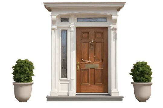 a high quality stock photograph of a single classy frontdoor and two plants isolated on a white background