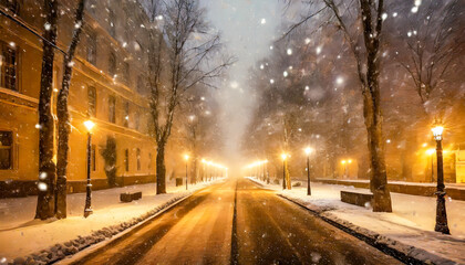 Lonely Street in a big city at night. Winter wonderland, big snowfall. Foggy, magical atmosphere. Generative AI illustration