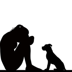 Sad woman silhouette with dog