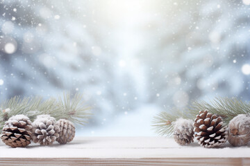 Fototapeta na wymiar Cozy winter christmas wall with snow and decorative cones copy space.