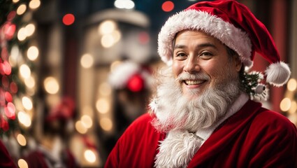 Fototapeta na wymiar Christmas Santa Claus with a long white beard, wearing a bright red hat