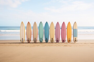 Row of pastel multicolored surfboards on the beach - obrazy, fototapety, plakaty
