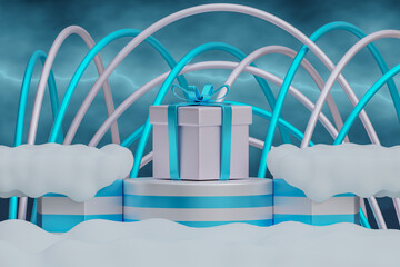 Empty blue podium.3D realistic modern style empty blue color podium stand decoration.blue and white cylinder pedestal podium with circle shape backdrop