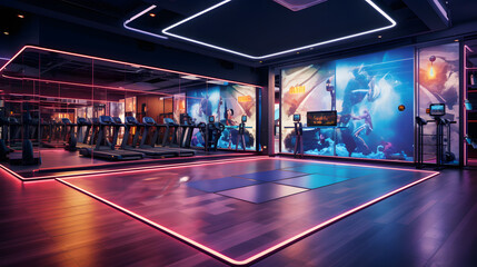 High-tech fitness studio with virtual screens