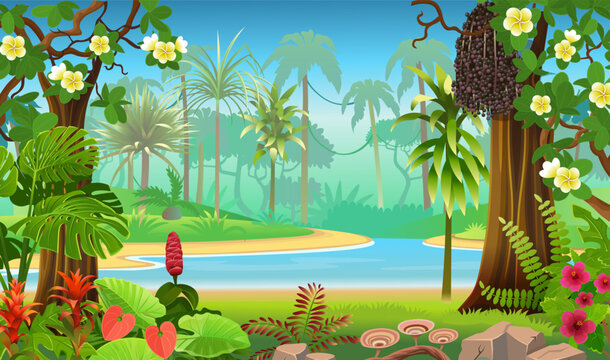  Jungle forest view. Jungle with green tropical trees, river or lake, plants, shrubs and flowers. Wildlife panoramic with landscape. Vector cartoon illustration.