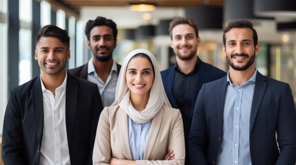 Diverse interracial business team, people diverse group looking at camera. Happy smiling arabic arabian multi-ethnic office workers. Good job, success project and businesspeople partnership concept - obrazy, fototapety, plakaty