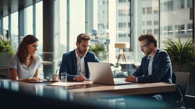 Group Of Diverse Partners Mature Business Man And European Business Woman Discussing Project With Documents Laptop At Table In Office. Team Of Colleagues Professional Business People Working Together.