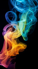 dramatic smoke swirls in different colours on a black background created with Generative Ai