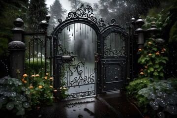 A rain-kissed garden gate, the metal surface glistening with droplets, welcoming the storm.