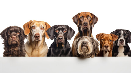 Portrait of several dogs of different dog breeds looking at camera on a cutout PNG transparent...