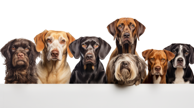 Portrait of several dogs of different dog breeds looking at camera on a cutout PNG transparent background
