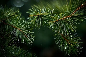 A close-up of rain-soaked pine needles, each one shimmering with the essence of a forest shower.