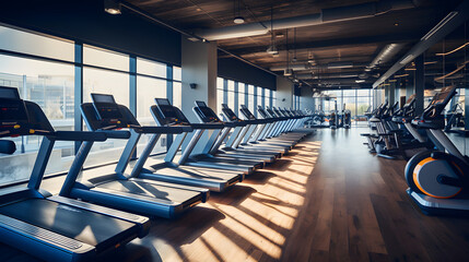State-of-the-art cardio machines in well-equipped gym - obrazy, fototapety, plakaty