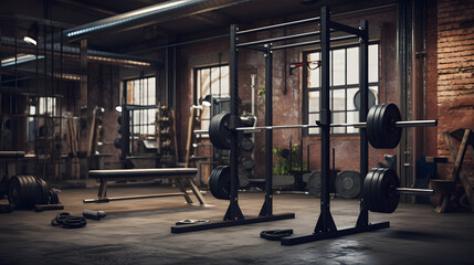 Weightlifting area in gym with barbells and weight plates - obrazy, fototapety, plakaty