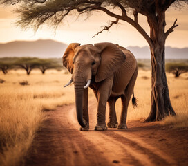 A majestic elephant stands in the middle of a dirt road in the African savanna, with a beautiful sunset in the background.