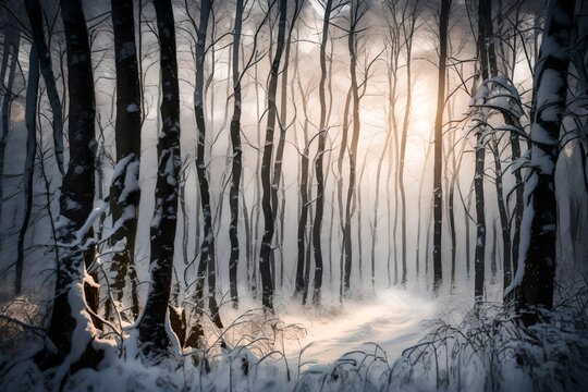 A snowy forest at dusk with soft, diffused light filtering through the trees