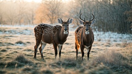 Obraz premium A young deer with beautiful horns standing in the grass in the early morning