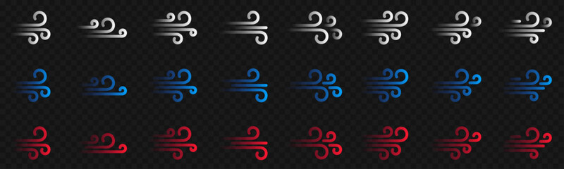 Blowing air lines icon. Blue and red weather symbol set over dark transparent