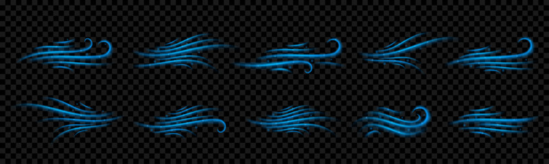 Wind gradient set.  Air wind motion, air blow, swirl elements. Blowing motion. Dark transparent