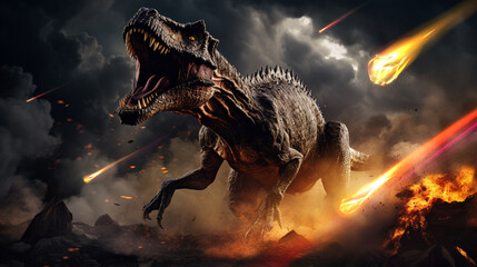 Tyrannosaurus rex with fire and smoke in the background at the time of the meteorite impact on Earth, Extinction of dinosaurs, Hyperrealistic - obrazy, fototapety, plakaty