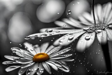 Raindrops clinging to the delicate petals of a daisy, a study in simplicity and beauty.