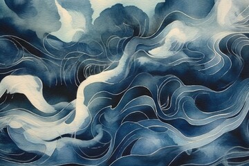 Abstract cyanotype texture wallpaper with blue and white squiggly lines, great as banner or background. Generative AI, AI