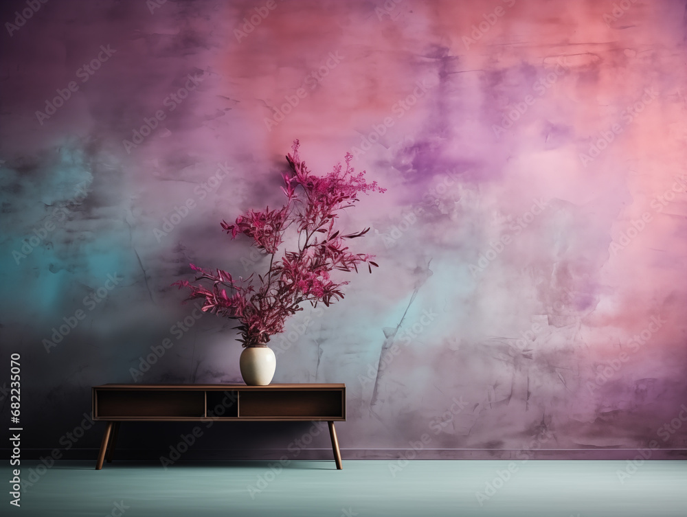 Wall mural vase with red flowers on a wooden shelf in front of colorful wall