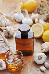 herbal syrup with honey, garlic and lemon. alternative medicine - 682235039
