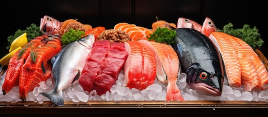 At the retail store market, the closeup display of fresh food showcases a wide variety of seafood, including salmon, trout, cod, tilapia, and haddock fillets from the farm. - obrazy, fototapety, plakaty