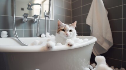 Cute fluffy cat in bath. Cat being bathed in tub with shampoo or soap bubble foam. Pet grooming and clean concept. - obrazy, fototapety, plakaty