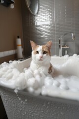 Cute fluffy cat in bath. Cat being bathed in tub with shampoo or soap bubble foam. Pet grooming and clean concept.