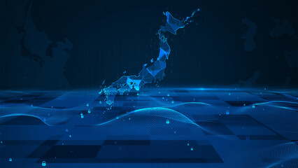 Japan map background digital number code business security key technology
