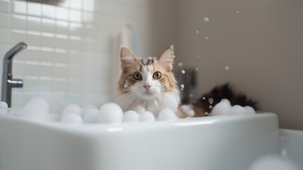 Cute fluffy cat in bath. Cat being bathed in tub with shampoo or soap bubble foam. Pet grooming and clean concept. - obrazy, fototapety, plakaty