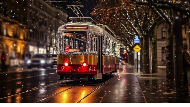 Magical Winter Transit: Christmas Lights on European Tram