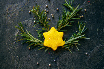 Gingerbread in the shape of a star with yellow glaze on a graphite background. For Christmas....