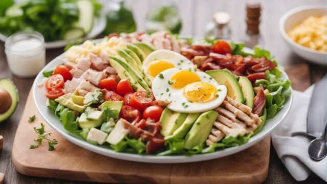 Cobb salad on a plate on a white background Ai Generative